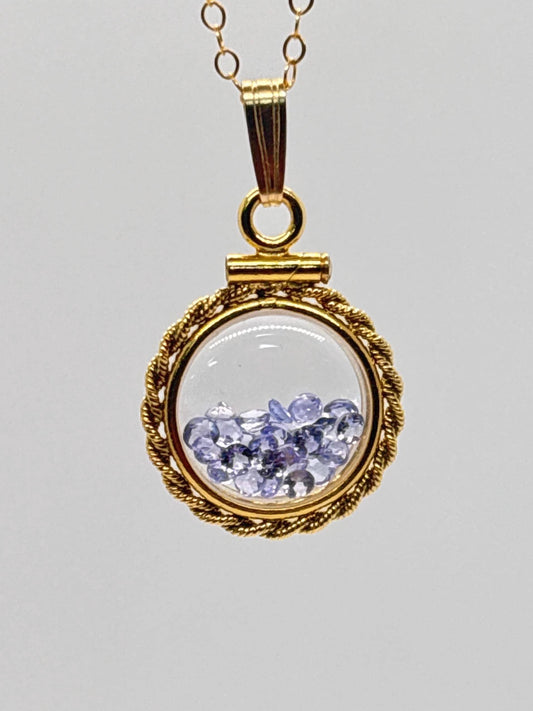Handmade 12.5 mm 14k gold filled gemstone  shaker locket with twisted rope edge bezel, 0.75 cttw. tanzenite, birthstone december