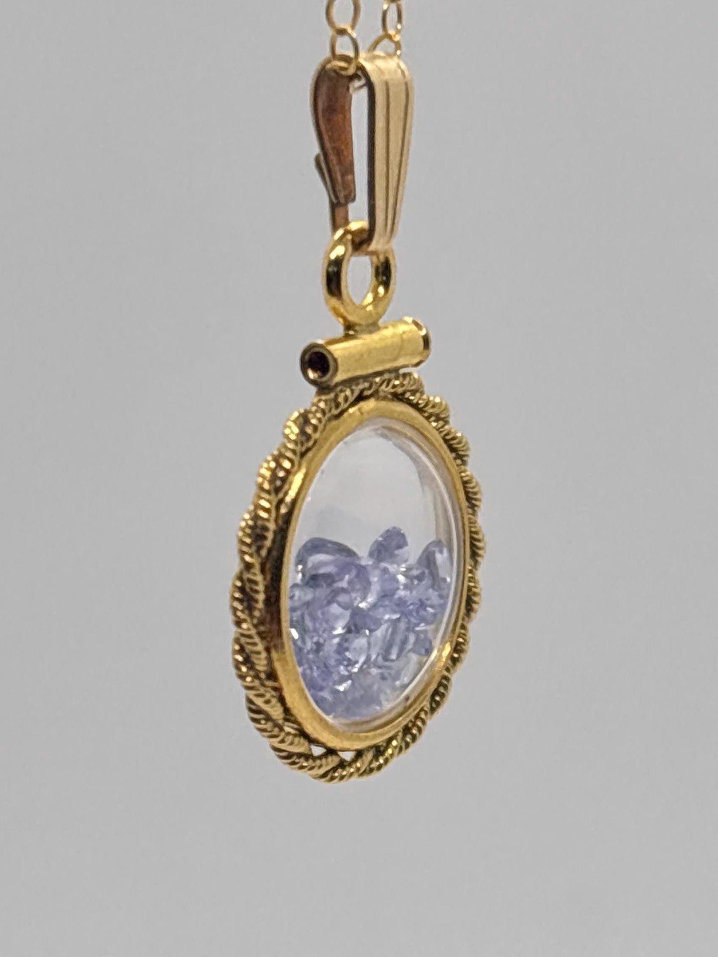 Handmade 12.5 mm 14k gold filled gemstone  shaker locket with twisted rope edge bezel, 0.75 cttw. tanzenite, birthstone december