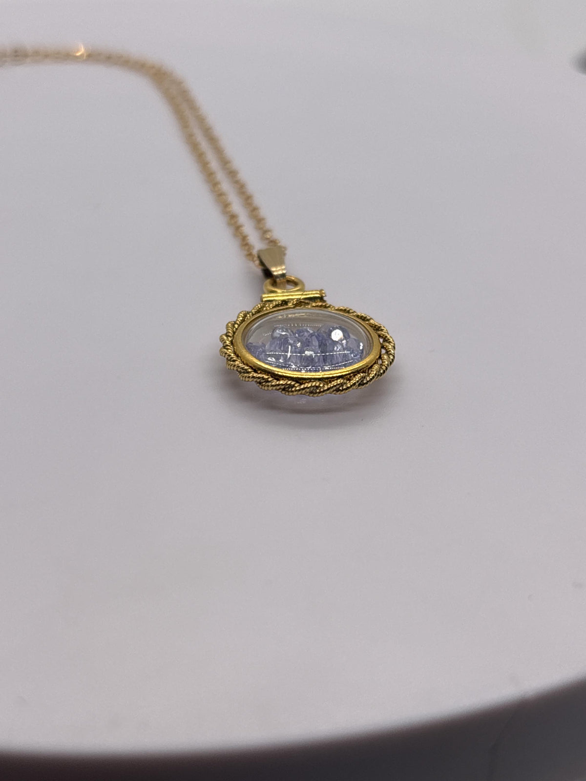 Handmade 12.5 mm 14k gold filled gemstone  shaker locket with twisted rope edge bezel, 0.75 cttw. tanzenite, birthstone december