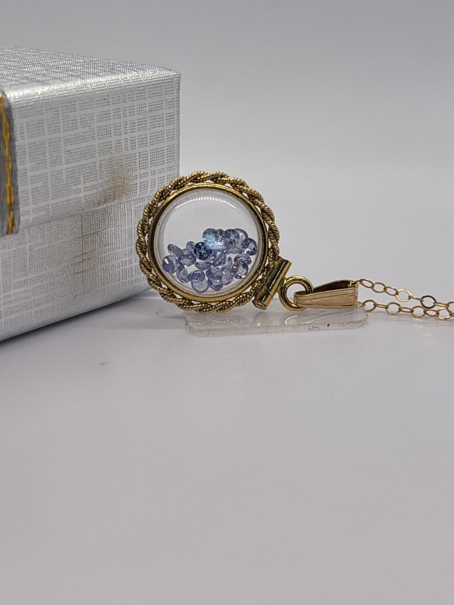 Handmade 12.5 mm 14k gold filled gemstone  shaker locket with twisted rope edge bezel, 0.75 cttw. tanzenite, birthstone december