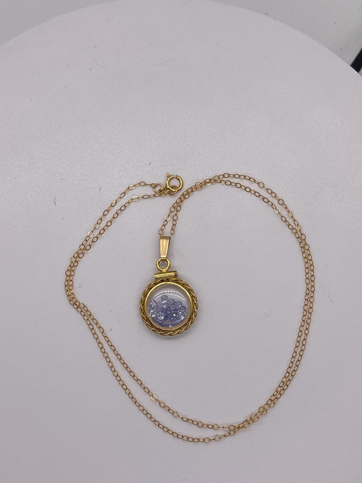 Handmade 12.5 mm 14k gold filled gemstone  shaker locket with twisted rope edge bezel, 0.75 cttw. tanzenite, birthstone december