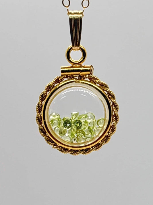 Handmade 12.5 mm 14k gold filled gemstone  shaker locket with twisted rope edge bezel, 0.75 cttw. green peridot, birthstone august