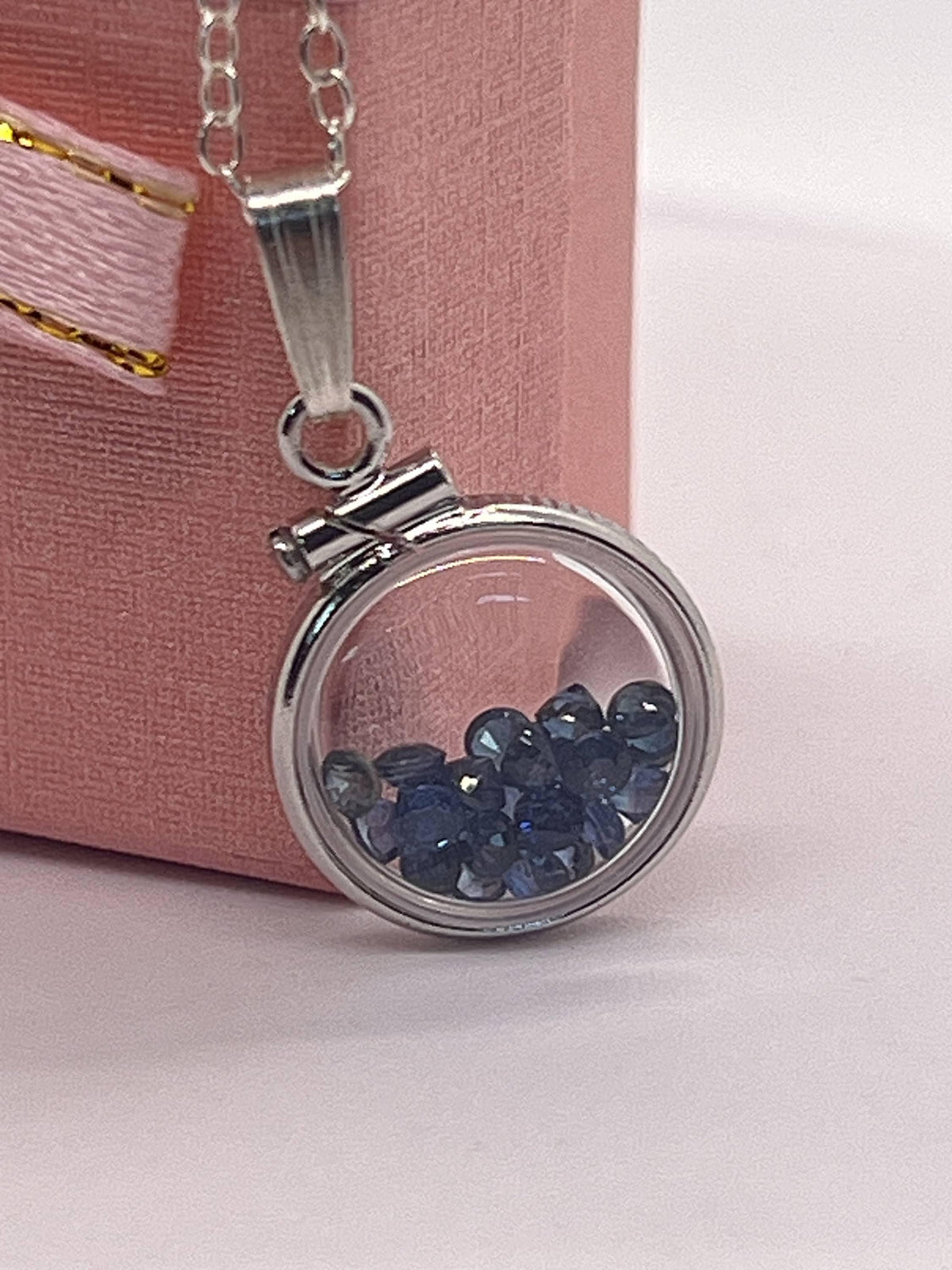 Handmade diminutive sterling silver sapphire shaker locket lucite view locket, necklace, beautiful september birthstone. 1.4 tcw