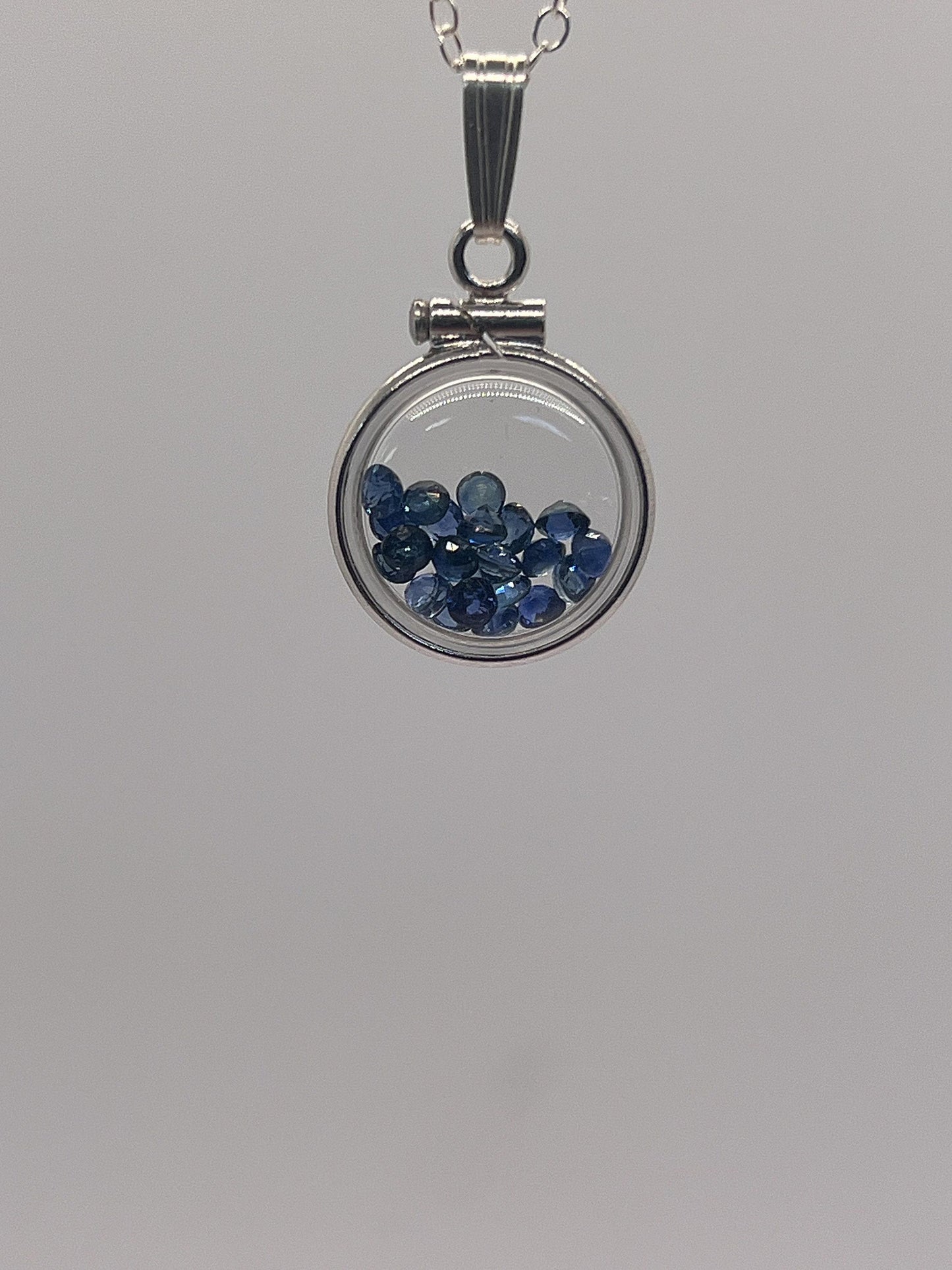 Handmade diminutive sterling silver sapphire shaker locket lucite view locket, necklace, beautiful september birthstone. 1.4 tcw