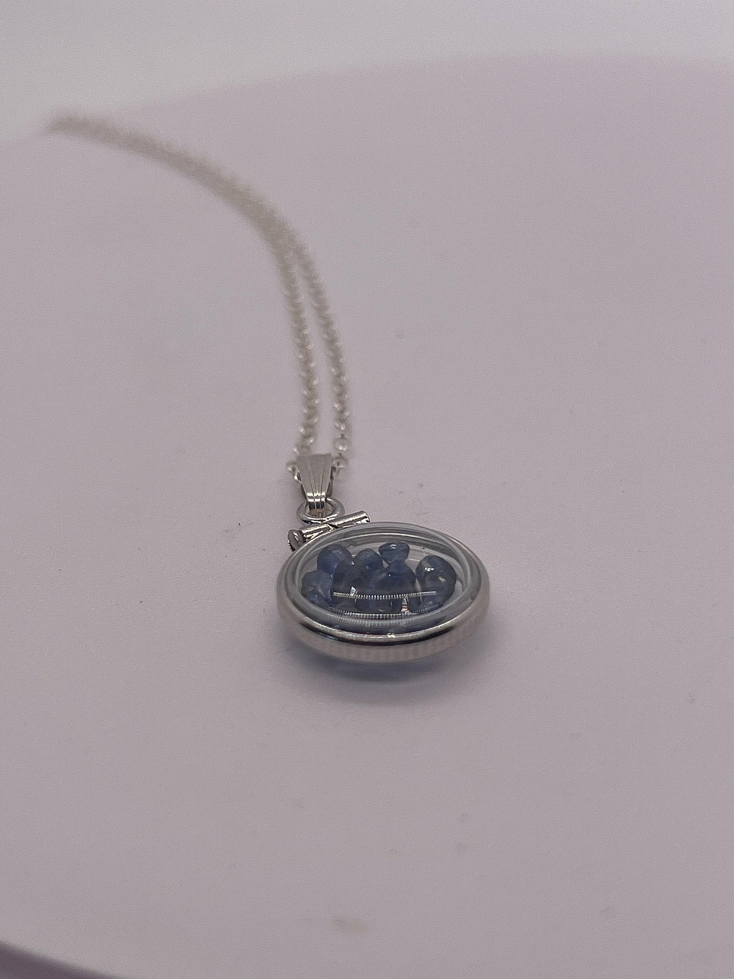 Handmade diminutive sterling silver sapphire shaker locket lucite view locket, necklace, beautiful september birthstone. 1.4 tcw