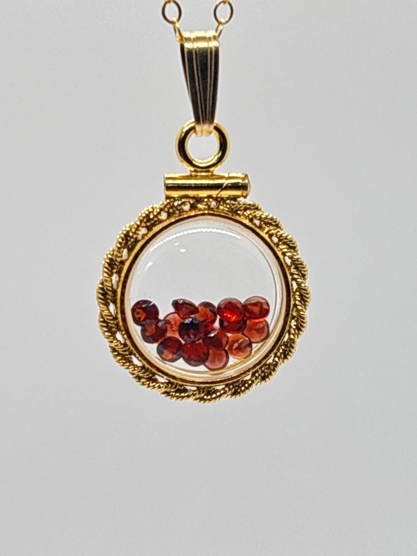 Handmade 12.5 mm 14k gold filled gemstone  shaker locket with twisted rope edge bezel, 0.75 cttw. red garnet, birthstone january