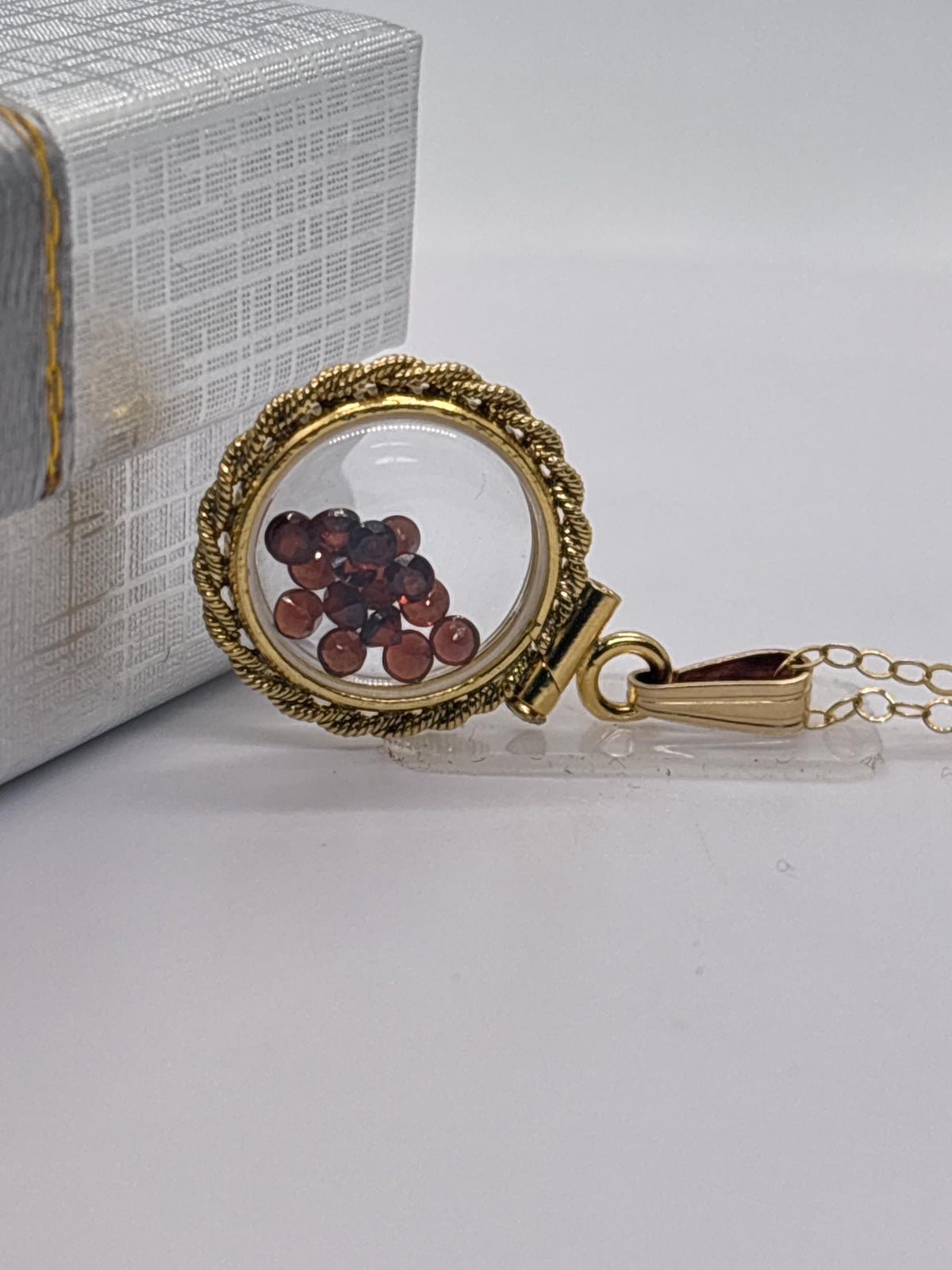 Handmade 12.5 mm 14k gold filled gemstone  shaker locket with twisted rope edge bezel, 0.75 cttw. red garnet, birthstone january