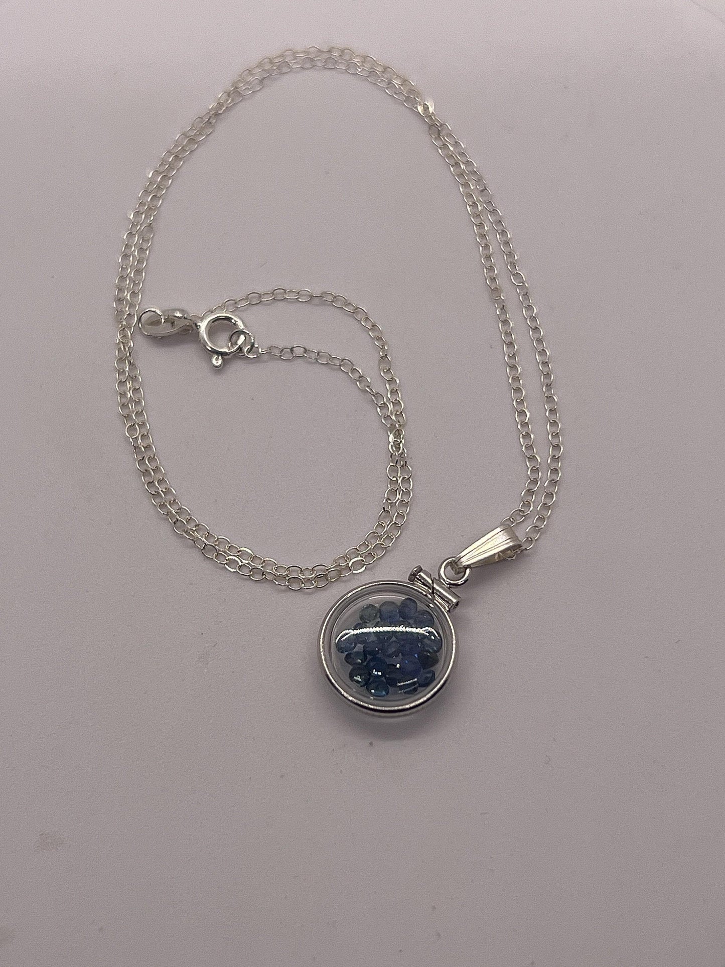 Handmade diminutive sterling silver sapphire shaker locket lucite view locket, necklace, beautiful september birthstone. 1.4 tcw