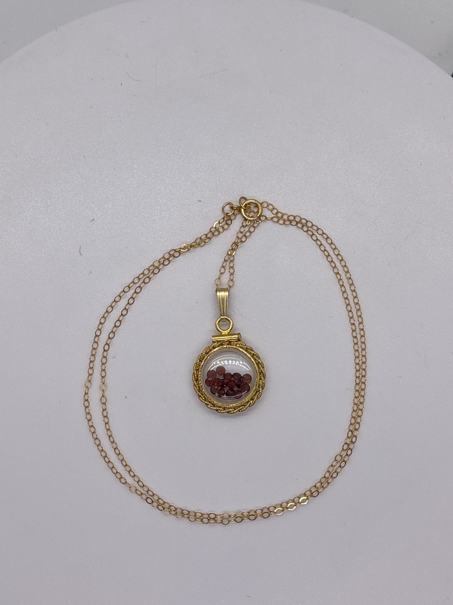 Handmade 12.5 mm 14k gold filled gemstone  shaker locket with twisted rope edge bezel, 0.75 cttw. red garnet, birthstone january