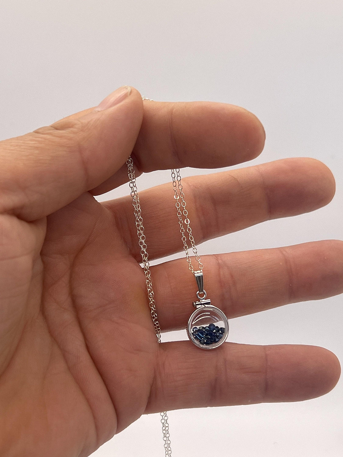 Handmade diminutive sterling silver sapphire shaker locket lucite view locket, necklace, beautiful september birthstone. 1.4 tcw
