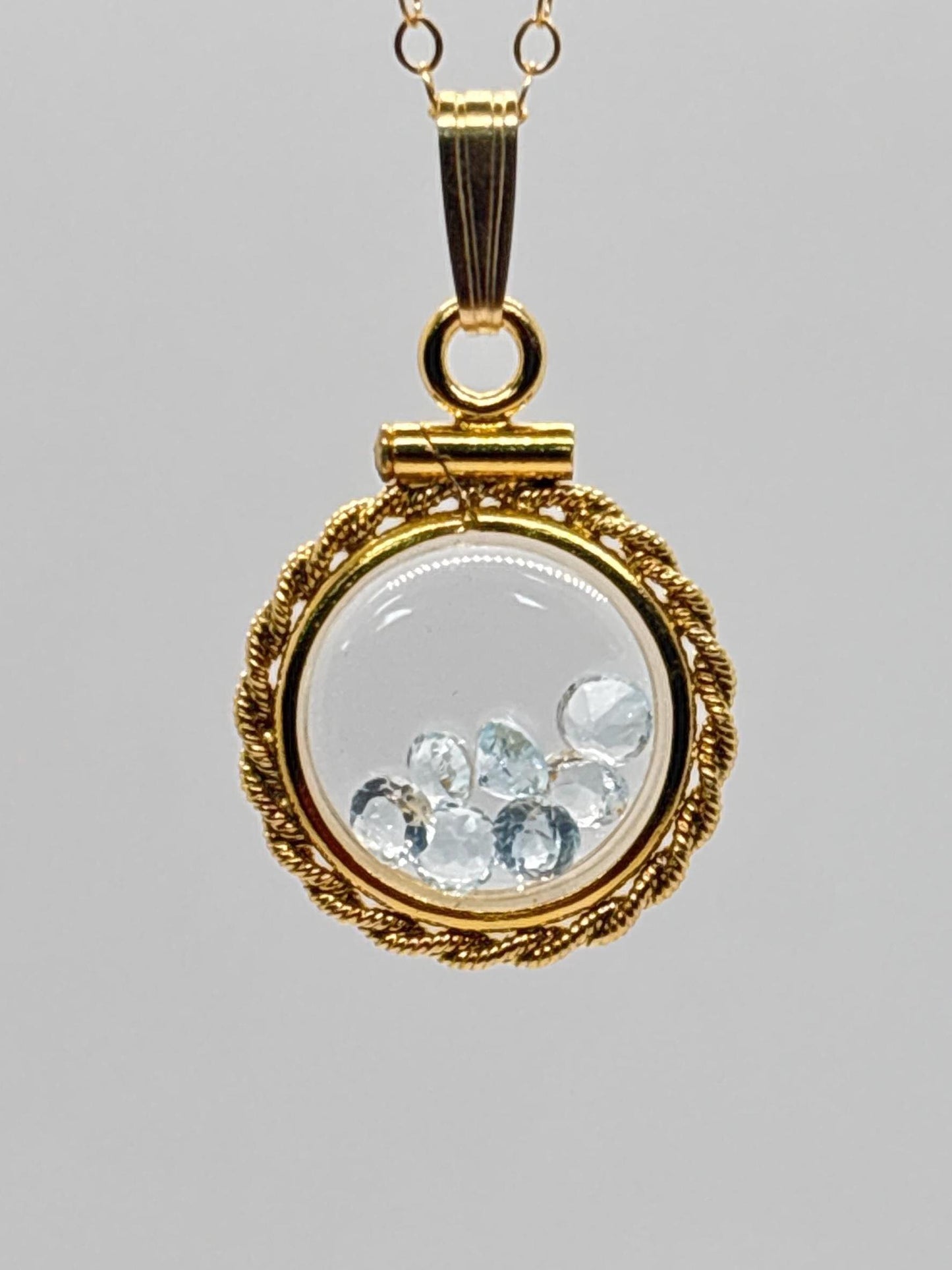Handmade 12.5 mm 14k gold filled gemstone  shaker locket with twisted rope edge bezel, 0.75 cttw. sky blue topaz,  birthstone december