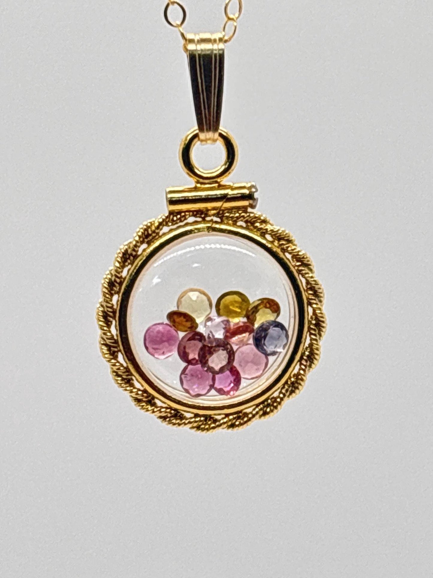 Handmade 12.5 mm 14k gold filled gemstone shaker locket with twisted rope edge bezel, 0.75 cttw. multicolored tourmaline, october birthstone