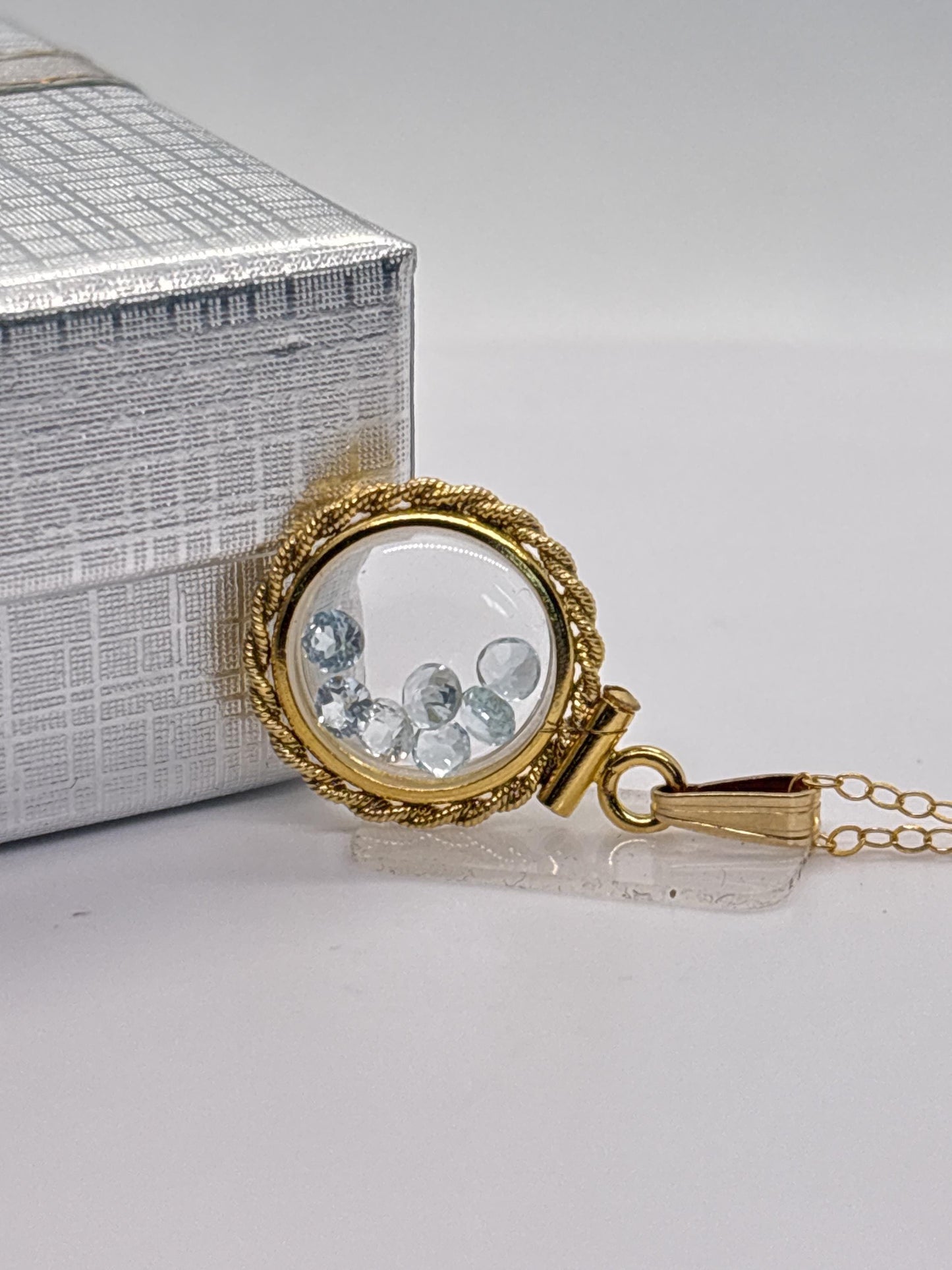 Handmade 12.5 mm 14k gold filled gemstone  shaker locket with twisted rope edge bezel, 0.75 cttw. sky blue topaz,  birthstone december