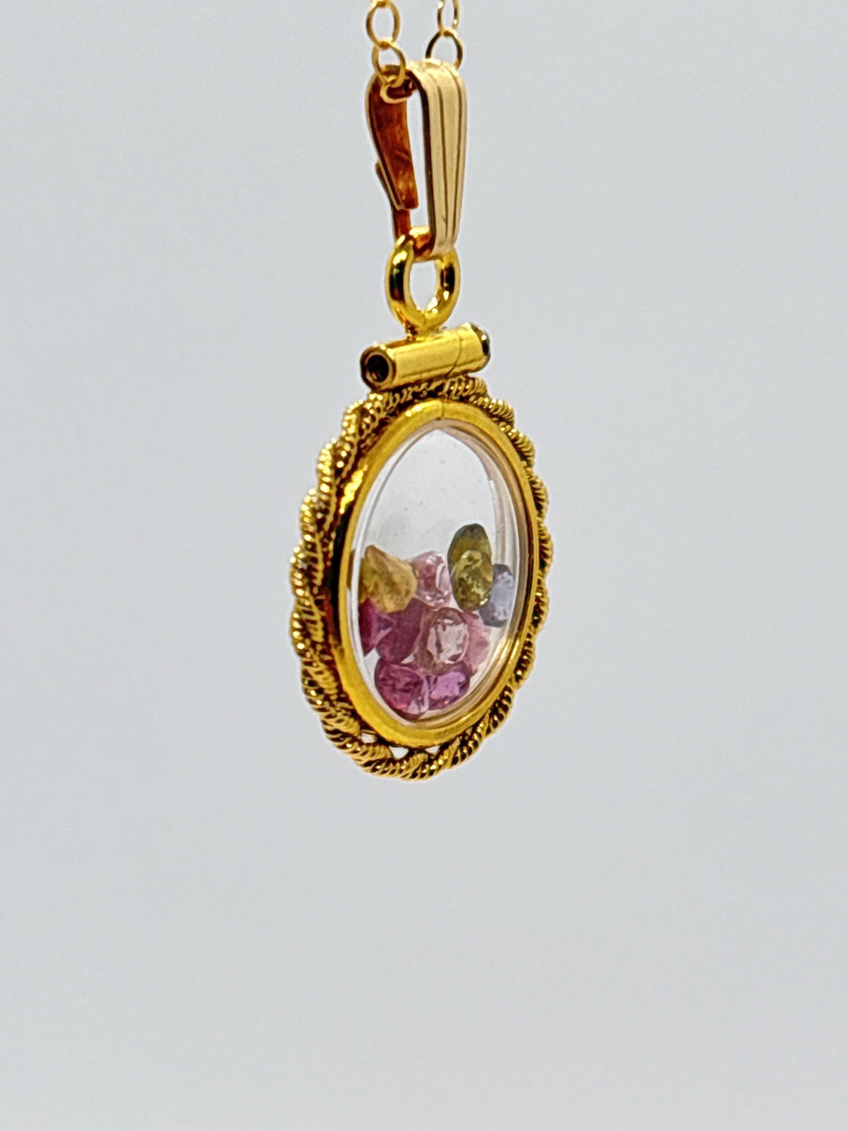 Handmade 12.5 mm 14k gold filled gemstone shaker locket with twisted rope edge bezel, 0.75 cttw. multicolored tourmaline, october birthstone