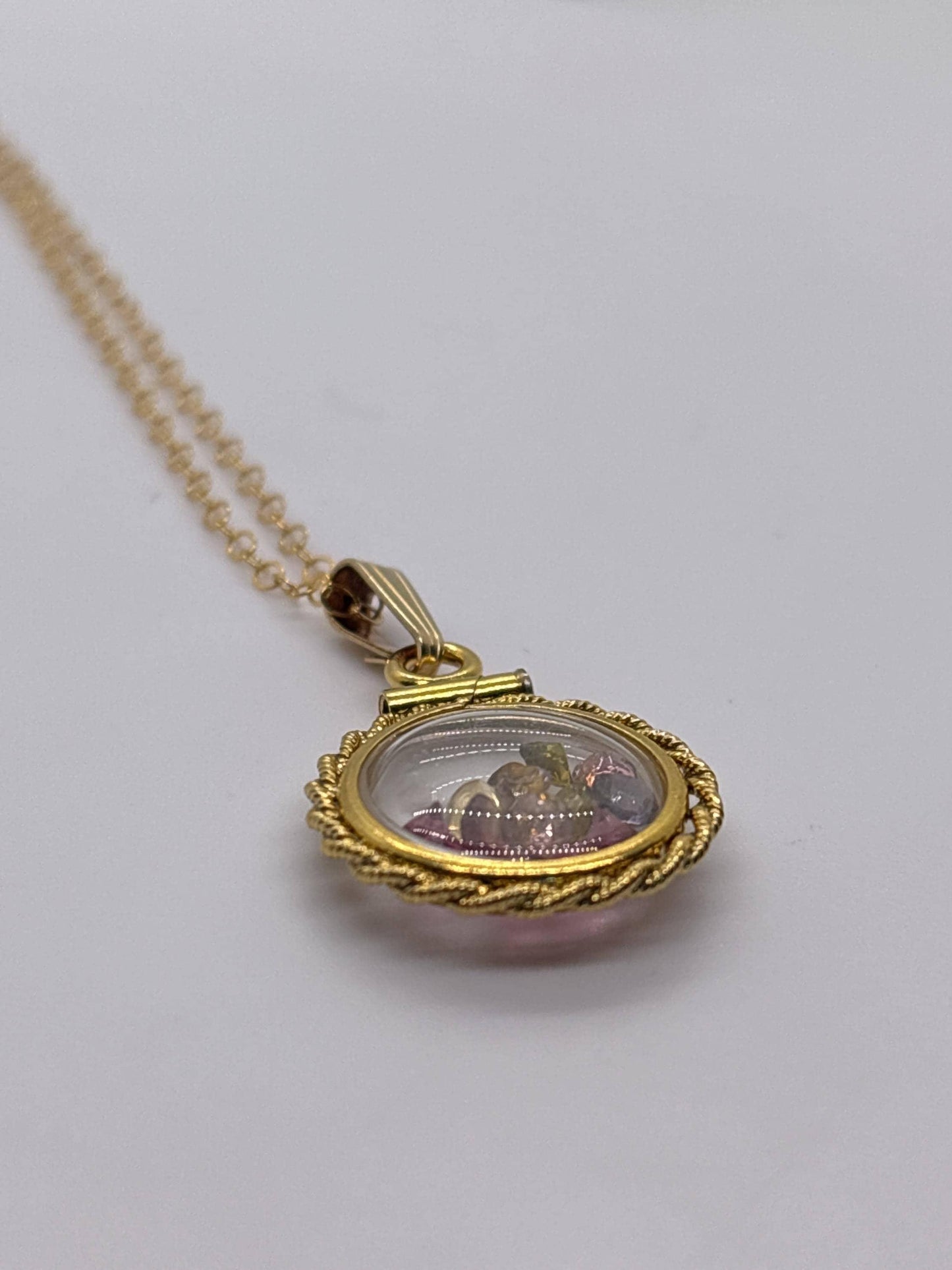 Handmade 12.5 mm 14k gold filled gemstone shaker locket with twisted rope edge bezel, 0.75 cttw. multicolored tourmaline, october birthstone