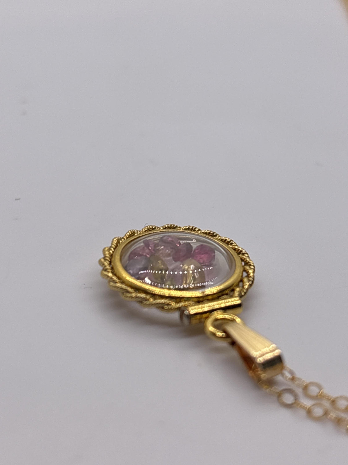 Handmade 12.5 mm 14k gold filled gemstone shaker locket with twisted rope edge bezel, 0.75 cttw. multicolored tourmaline, october birthstone