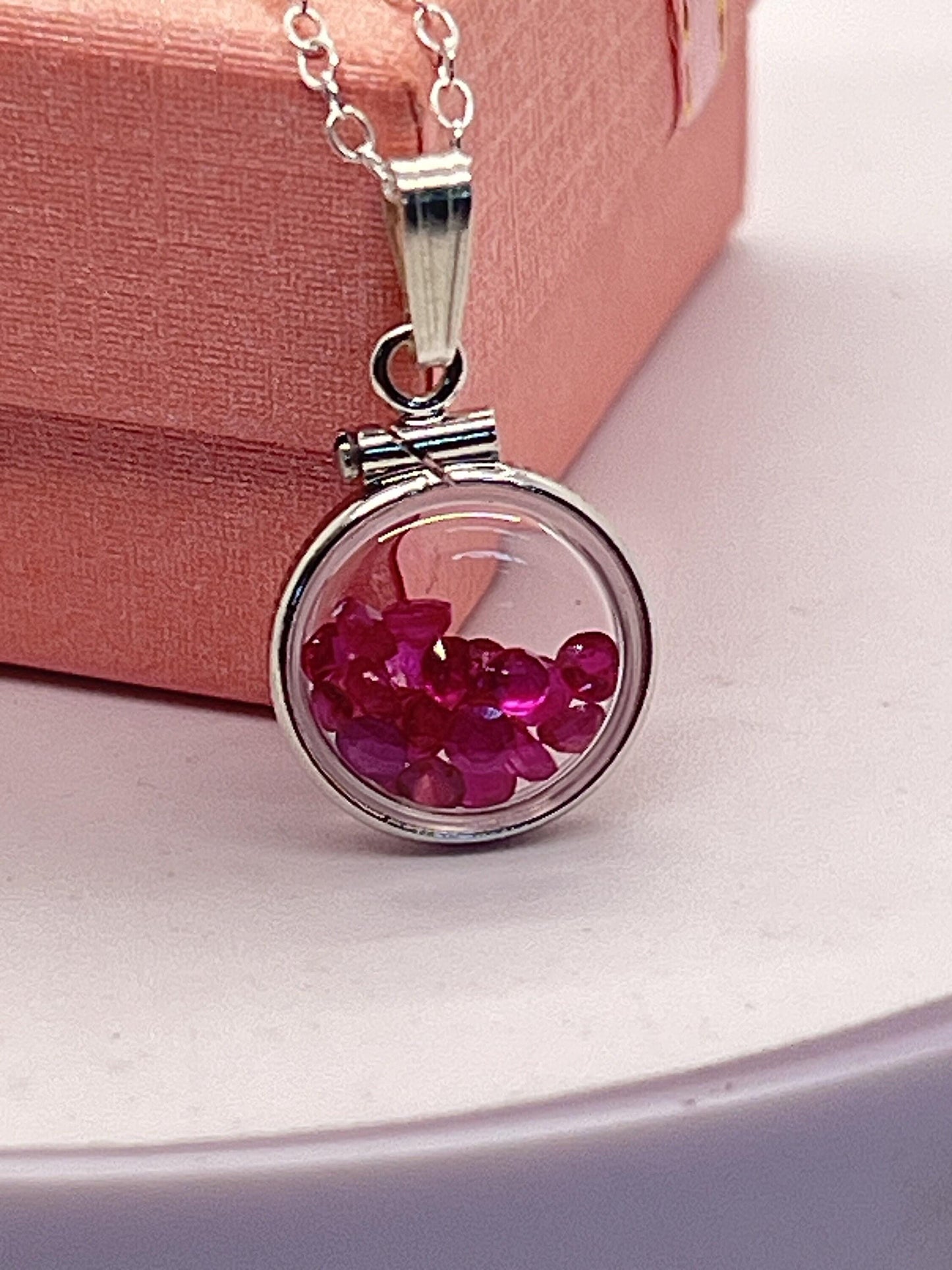 Handmade diminutive sterling silver ruby shaker locket lucite view locket, necklace, beautiful july birthstone. 1.65 tcw round cut rubies