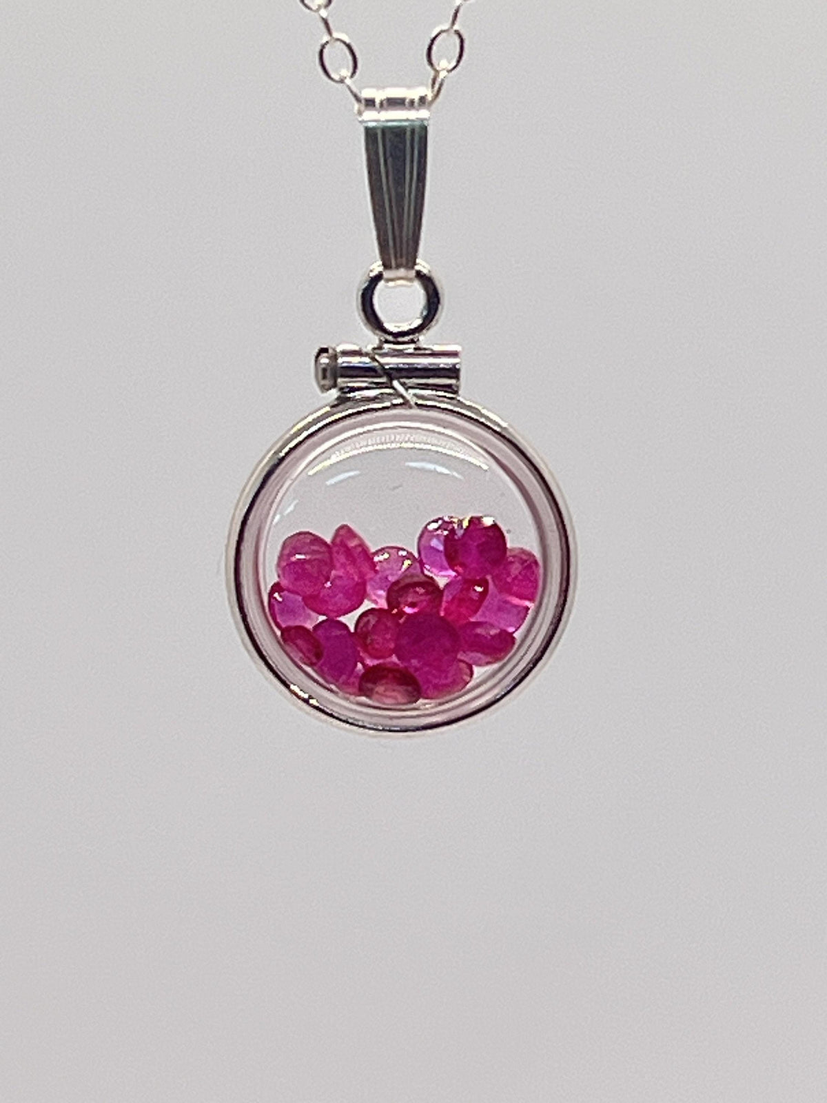 Handmade diminutive sterling silver ruby shaker locket lucite view locket, necklace, beautiful july birthstone. 1.65 tcw round cut rubies