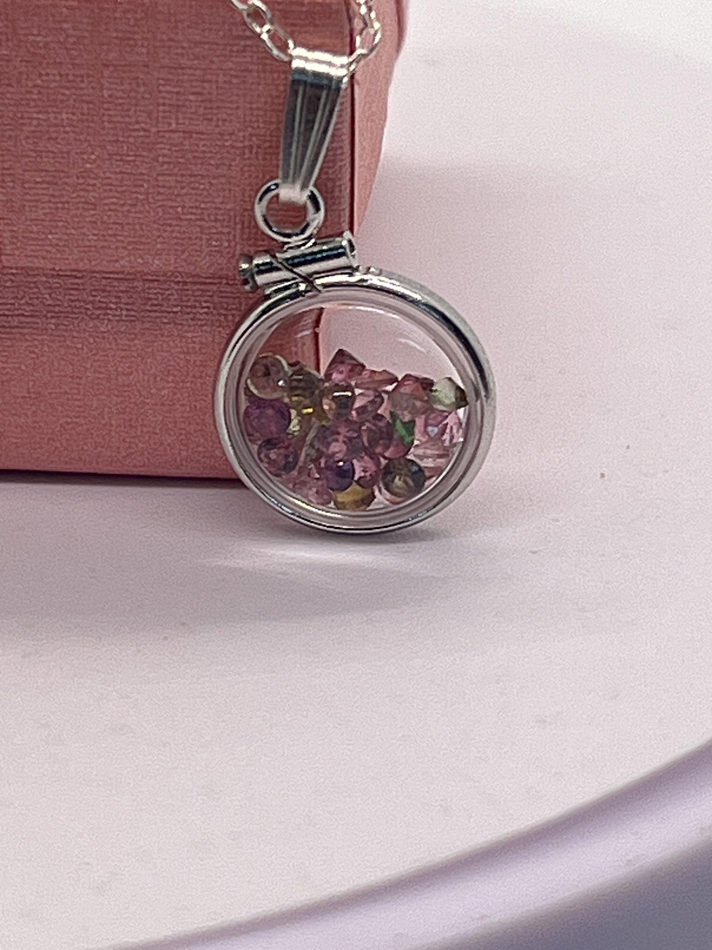 Handmade diminutive sterling silver multicolor tourmaline shaker locket lucite view locket, necklace, beautiful october birthstone. 1.4 tcw