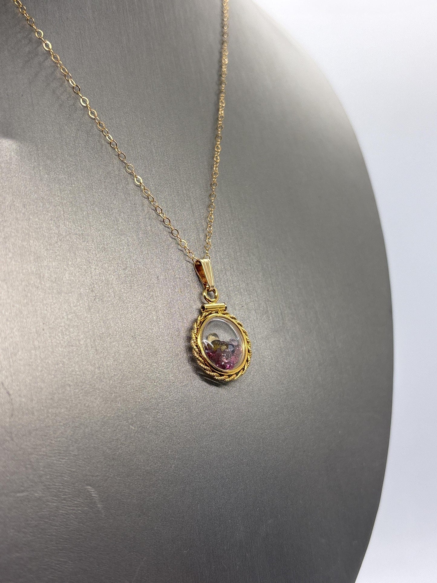 Handmade 12.5 mm 14k gold filled gemstone shaker locket with twisted rope edge bezel, 0.75 cttw. multicolored tourmaline, october birthstone