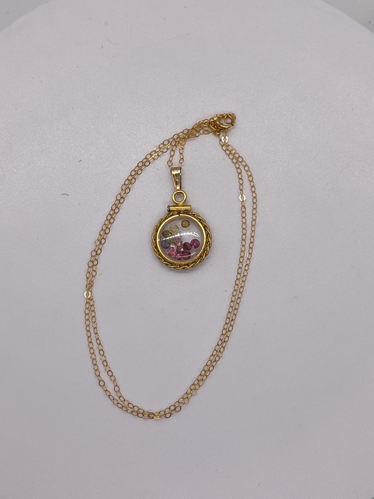 Handmade 12.5 mm 14k gold filled gemstone shaker locket with twisted rope edge bezel, 0.75 cttw. multicolored tourmaline, october birthstone