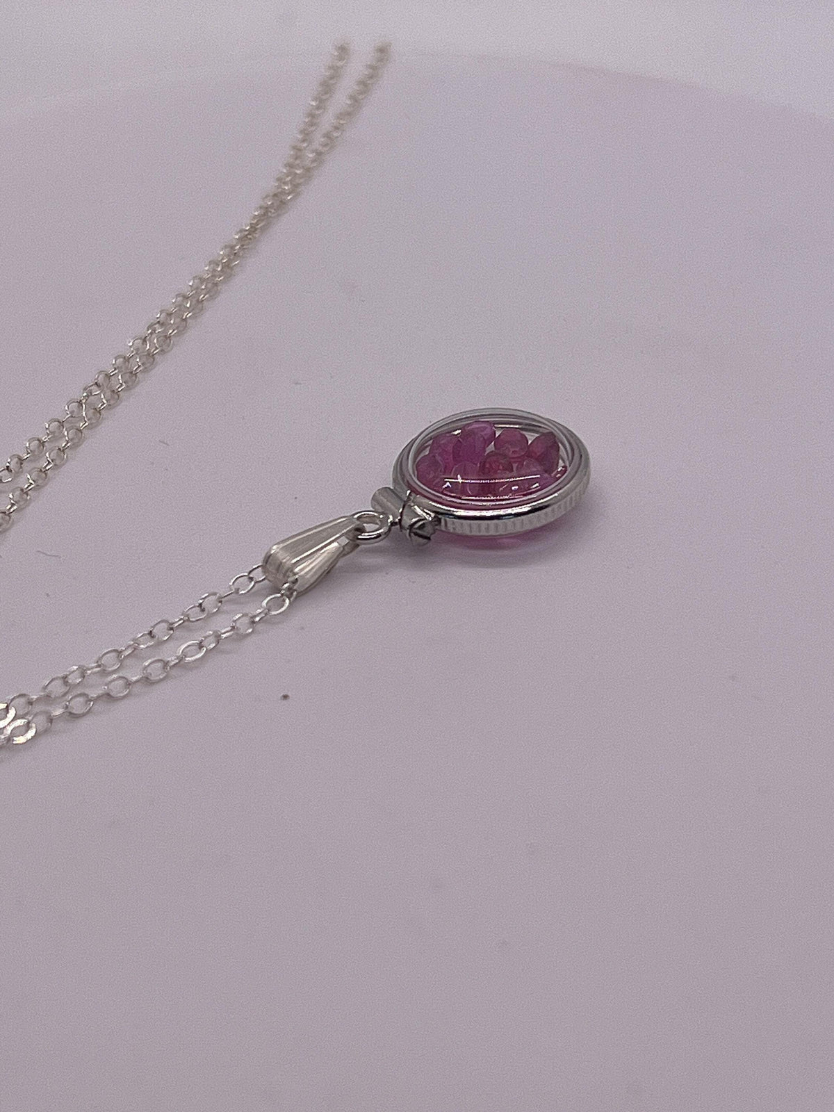Handmade diminutive sterling silver ruby shaker locket lucite view locket, necklace, beautiful july birthstone. 1.65 tcw round cut rubies