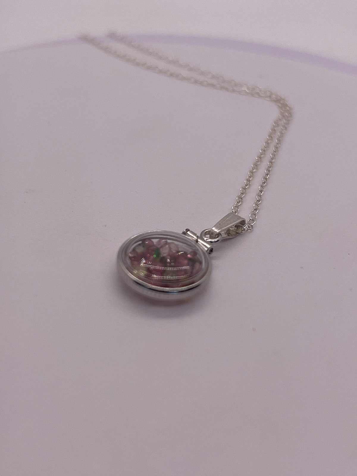 Handmade diminutive sterling silver multicolor tourmaline shaker locket lucite view locket, necklace, beautiful october birthstone. 1.4 tcw