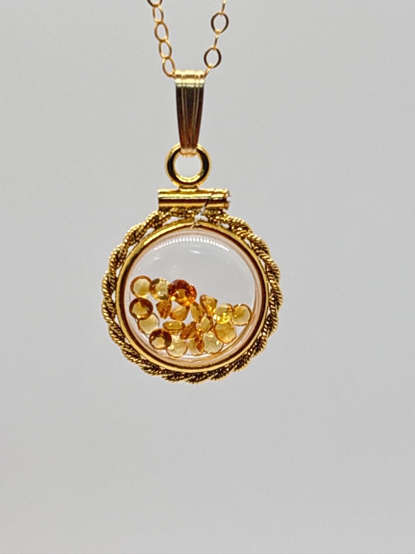 Handmade 12.5 mm 14k gold filled genuine gemstone  shaker locket with twisted rope edge bezel, 0.75 cttw. citrine, november birthstone