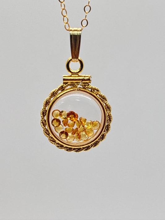 Handmade 12.5 mm 14k gold filled genuine gemstone  shaker locket with twisted rope edge bezel, 0.75 cttw. citrine, november birthstone