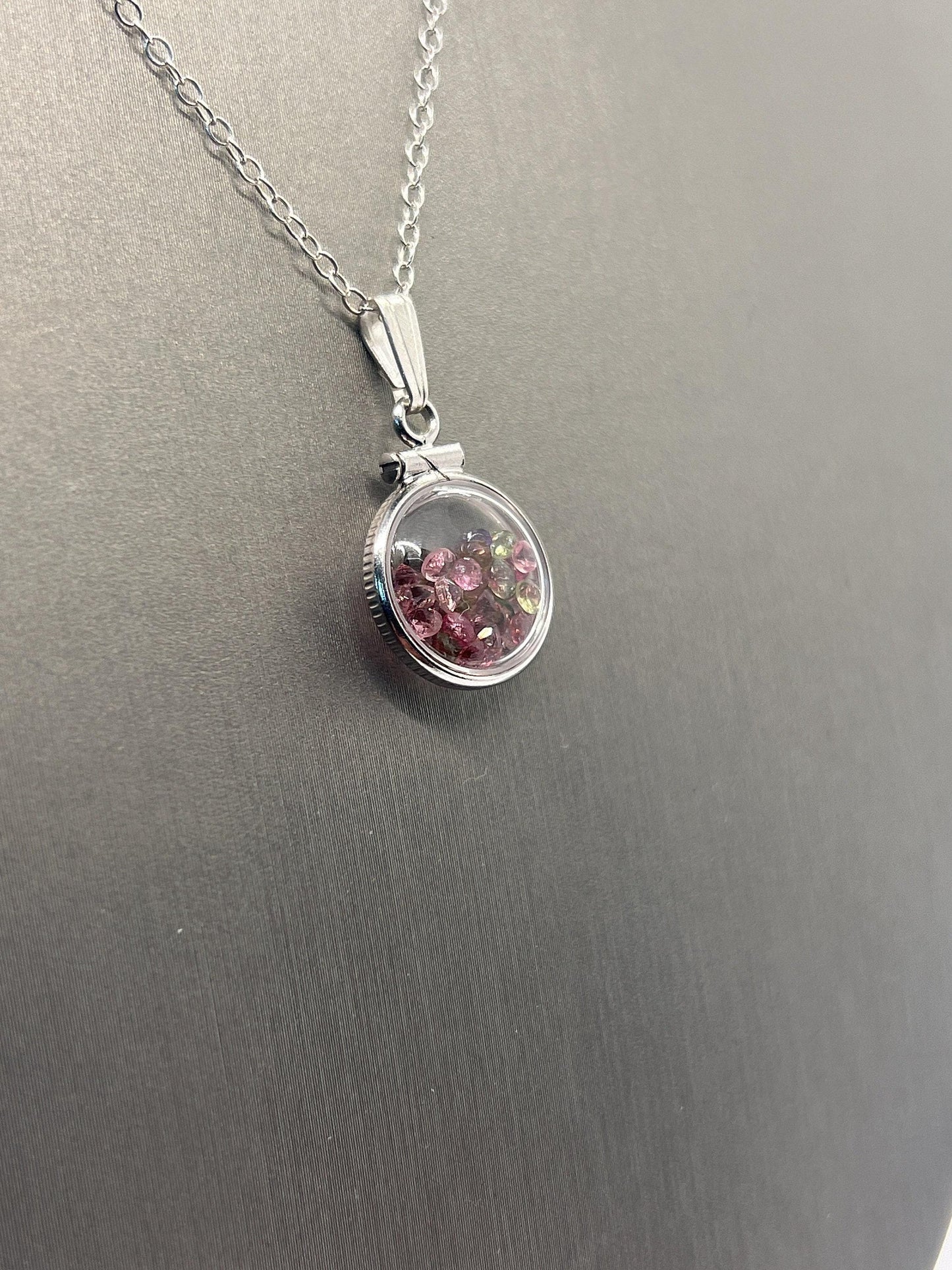 Handmade diminutive sterling silver multicolor tourmaline shaker locket lucite view locket, necklace, beautiful october birthstone. 1.4 tcw