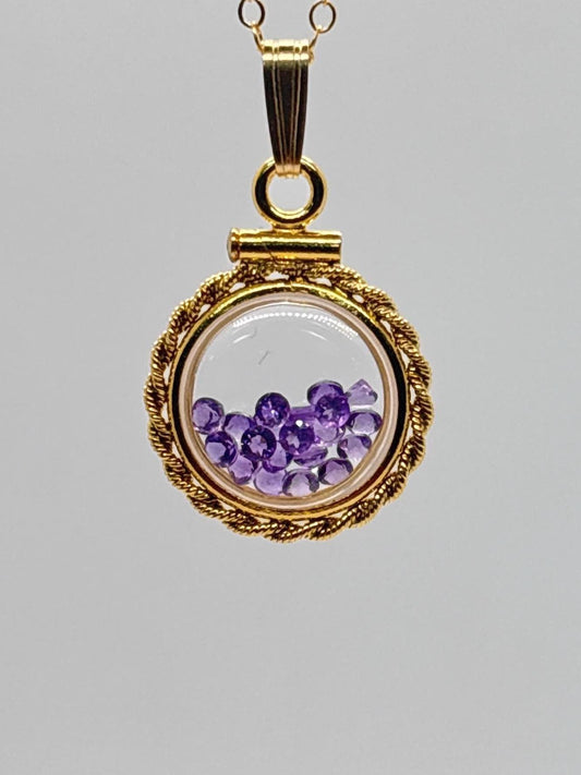 Handmade 12.5 mm 14k gold filled genuine gemstone  shaker locket with twisted rope edge bezel, 0.75 cttw. amethyst, february birthstone