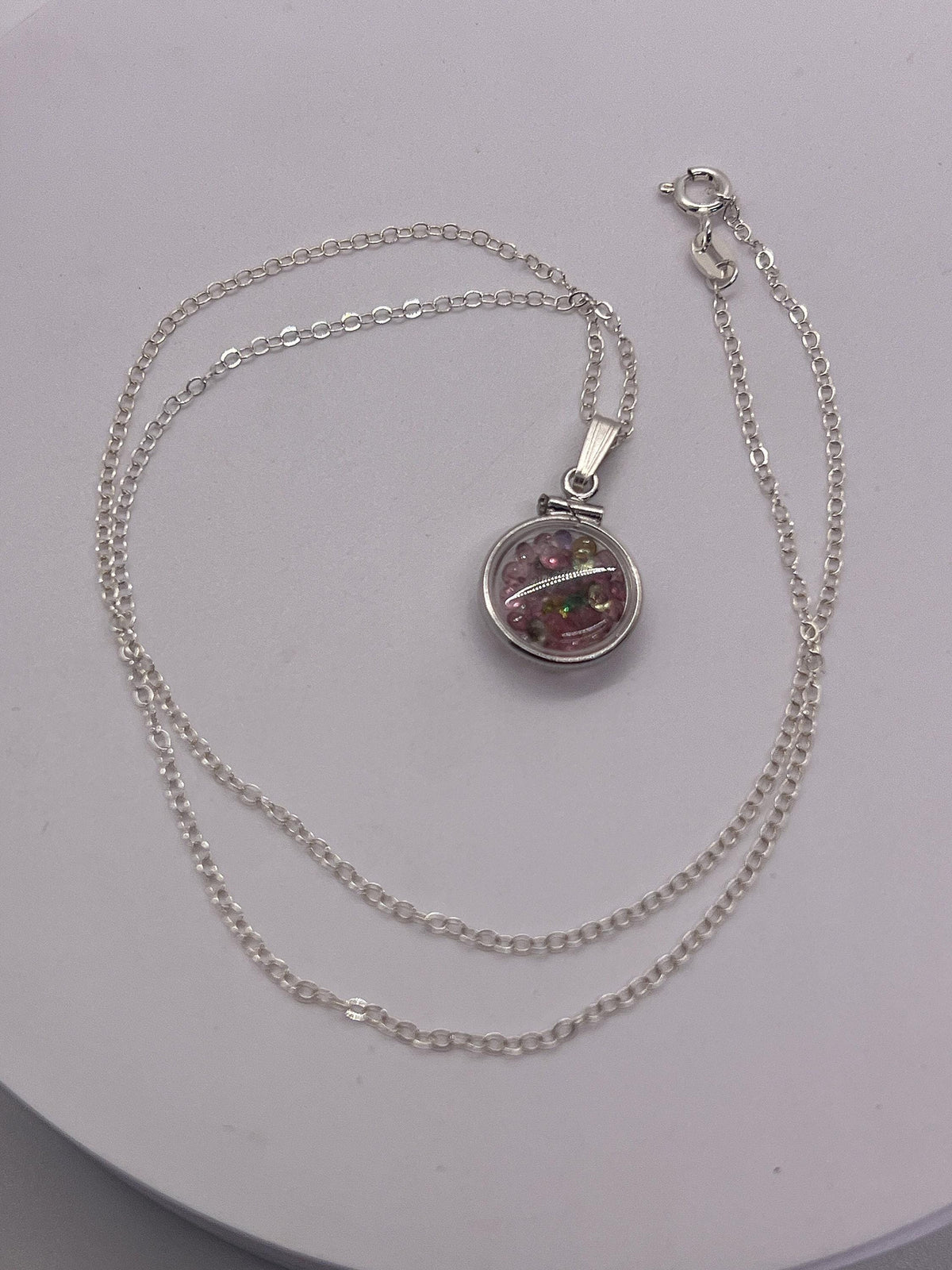 Handmade diminutive sterling silver multicolor tourmaline shaker locket lucite view locket, necklace, beautiful october birthstone. 1.4 tcw