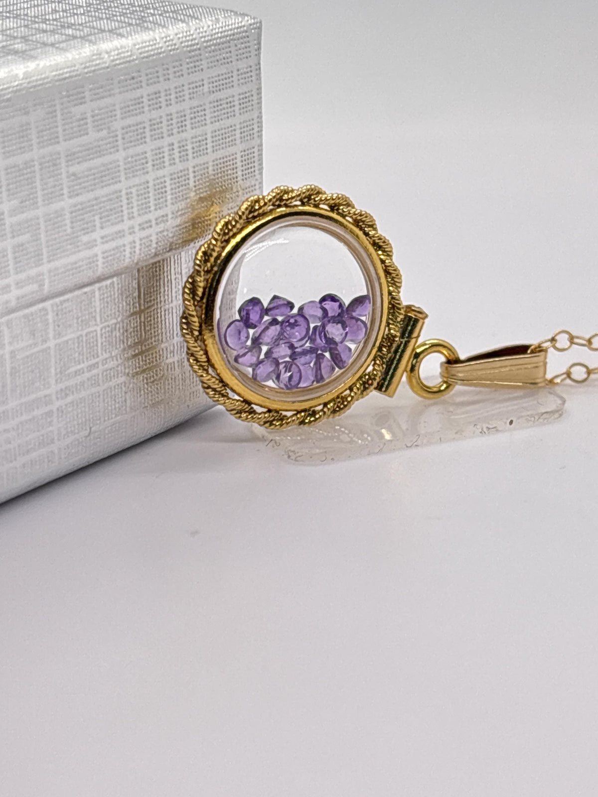 Handmade 12.5 mm 14k gold filled genuine gemstone  shaker locket with twisted rope edge bezel, 0.75 cttw. amethyst, february birthstone