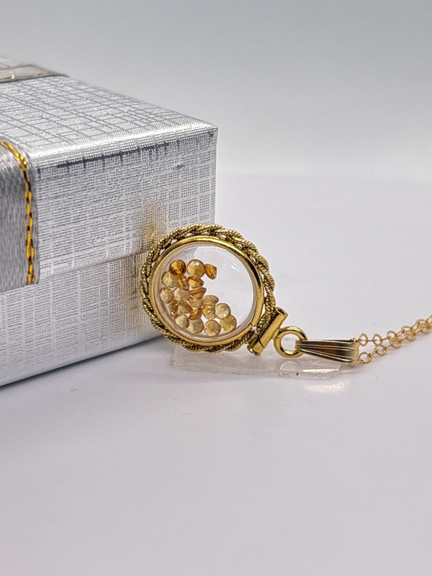 Handmade 12.5 mm 14k gold filled genuine gemstone  shaker locket with twisted rope edge bezel, 0.75 cttw. citrine, november birthstone