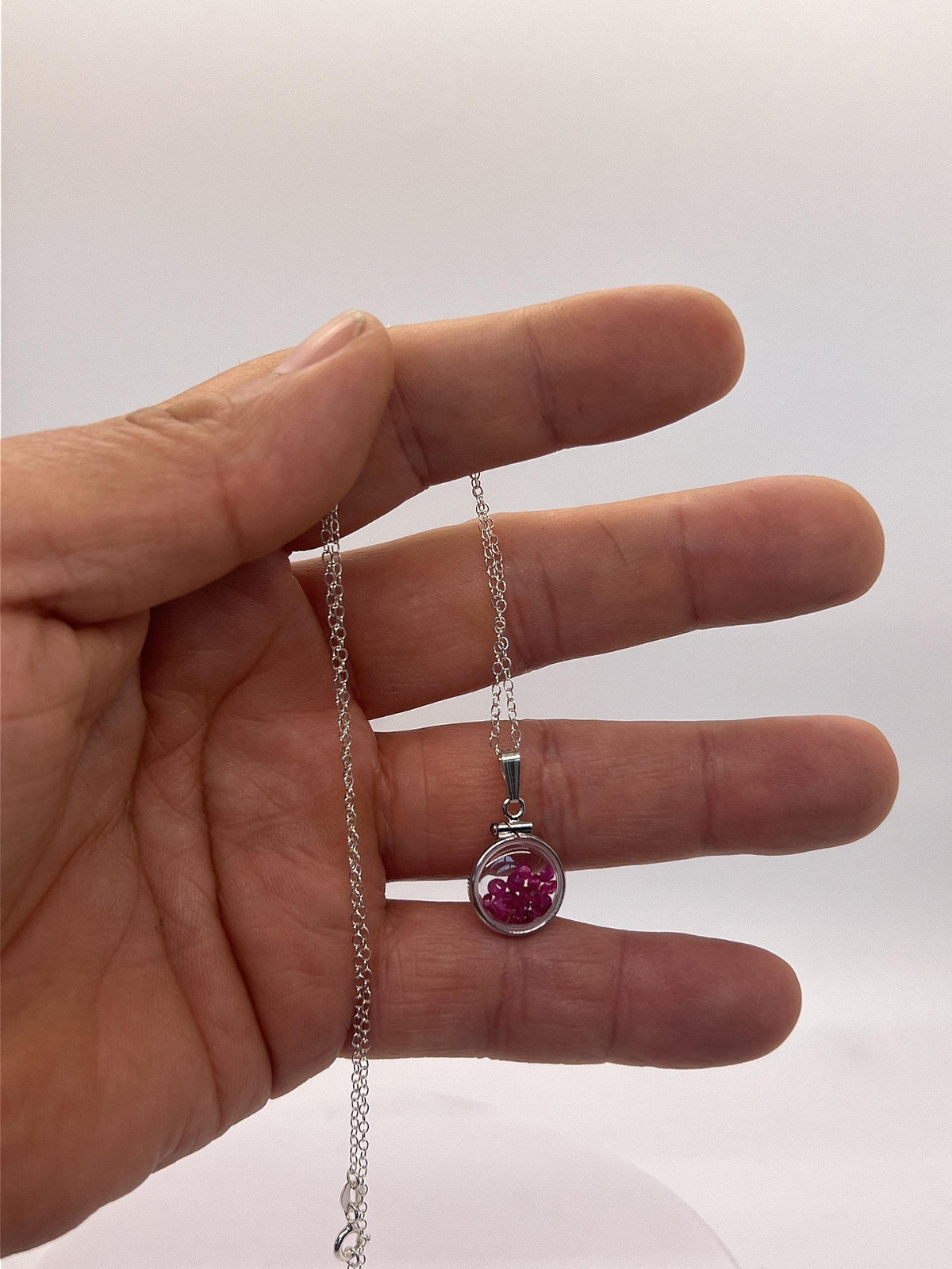 Handmade diminutive sterling silver ruby shaker locket lucite view locket, necklace, beautiful july birthstone. 1.65 tcw round cut rubies