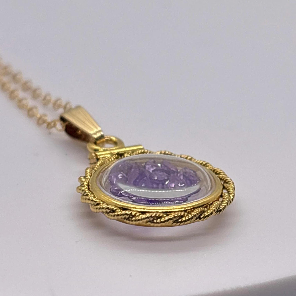 Handmade 12.5 mm 14k gold filled genuine gemstone  shaker locket with twisted rope edge bezel, 0.75 cttw. amethyst, february birthstone