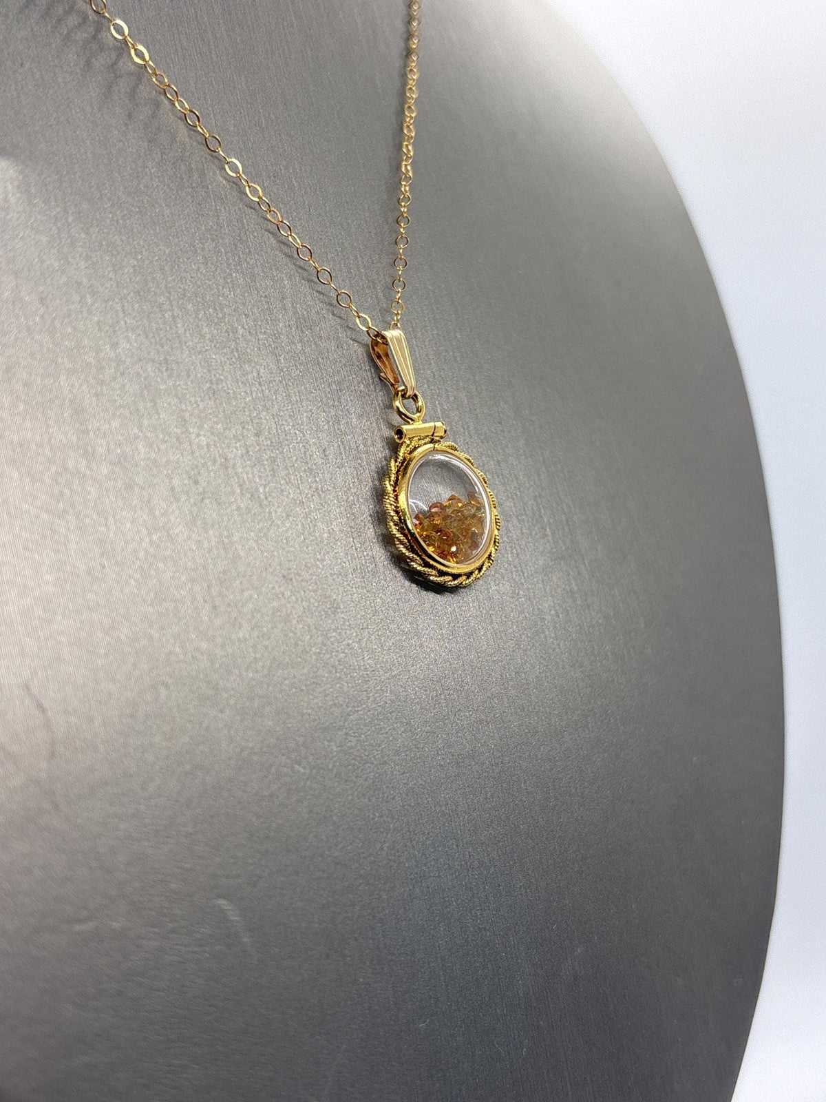 Handmade 12.5 mm 14k gold filled genuine gemstone  shaker locket with twisted rope edge bezel, 0.75 cttw. citrine, november birthstone