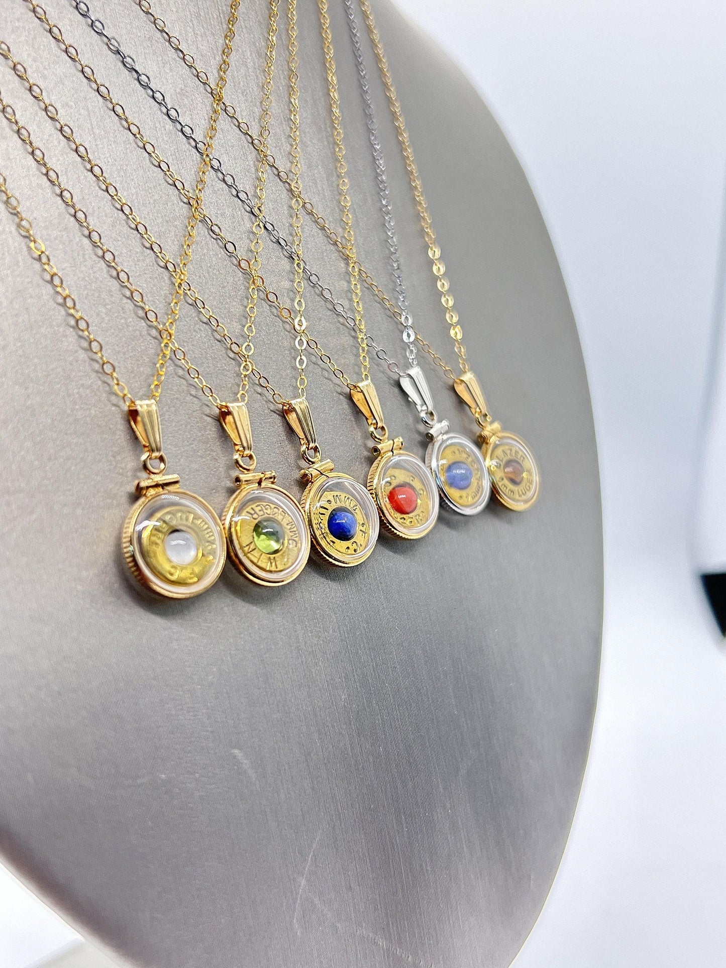 Handmade 14k gold filled 9mm bullet view locket, finished with a genuine gemstone, ruby, sapphire,lapis, moonstone, peridot, tiger eye