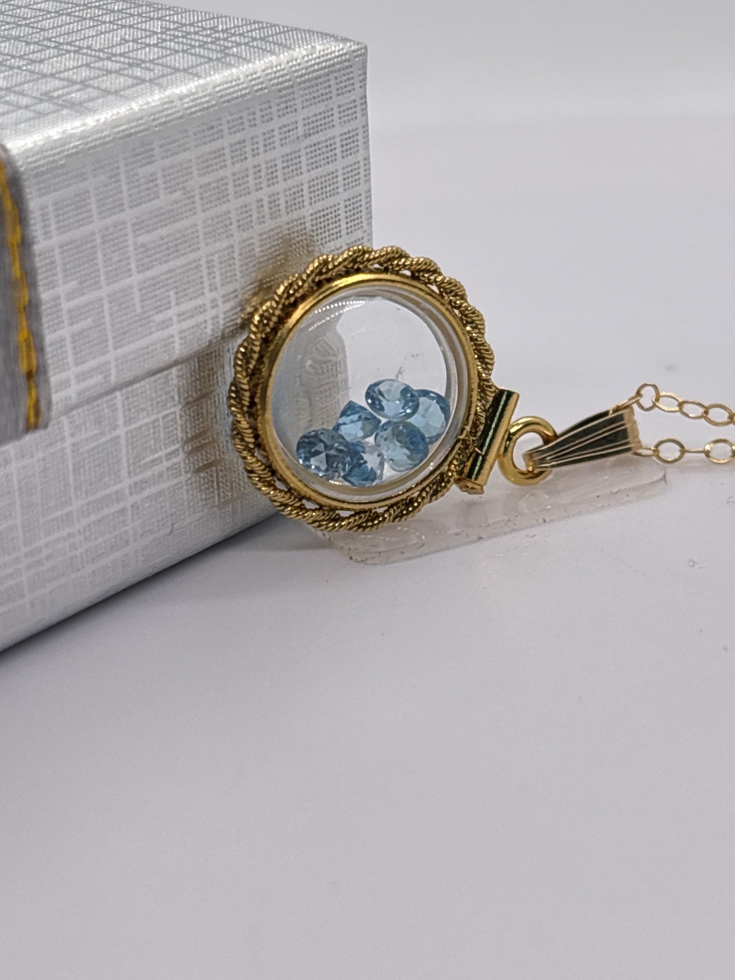 Handmade 12.5 mm 14k gold filled gemstone shaker locket with twisted rope edge bezel, 0.75 cttw. london blue topaz, december birthstone