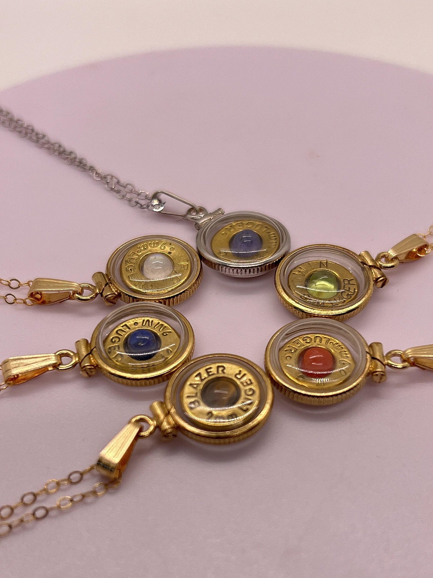 Handmade 14k gold filled 9mm bullet view locket, finished with a genuine gemstone, ruby, sapphire,lapis, moonstone, peridot, tiger eye