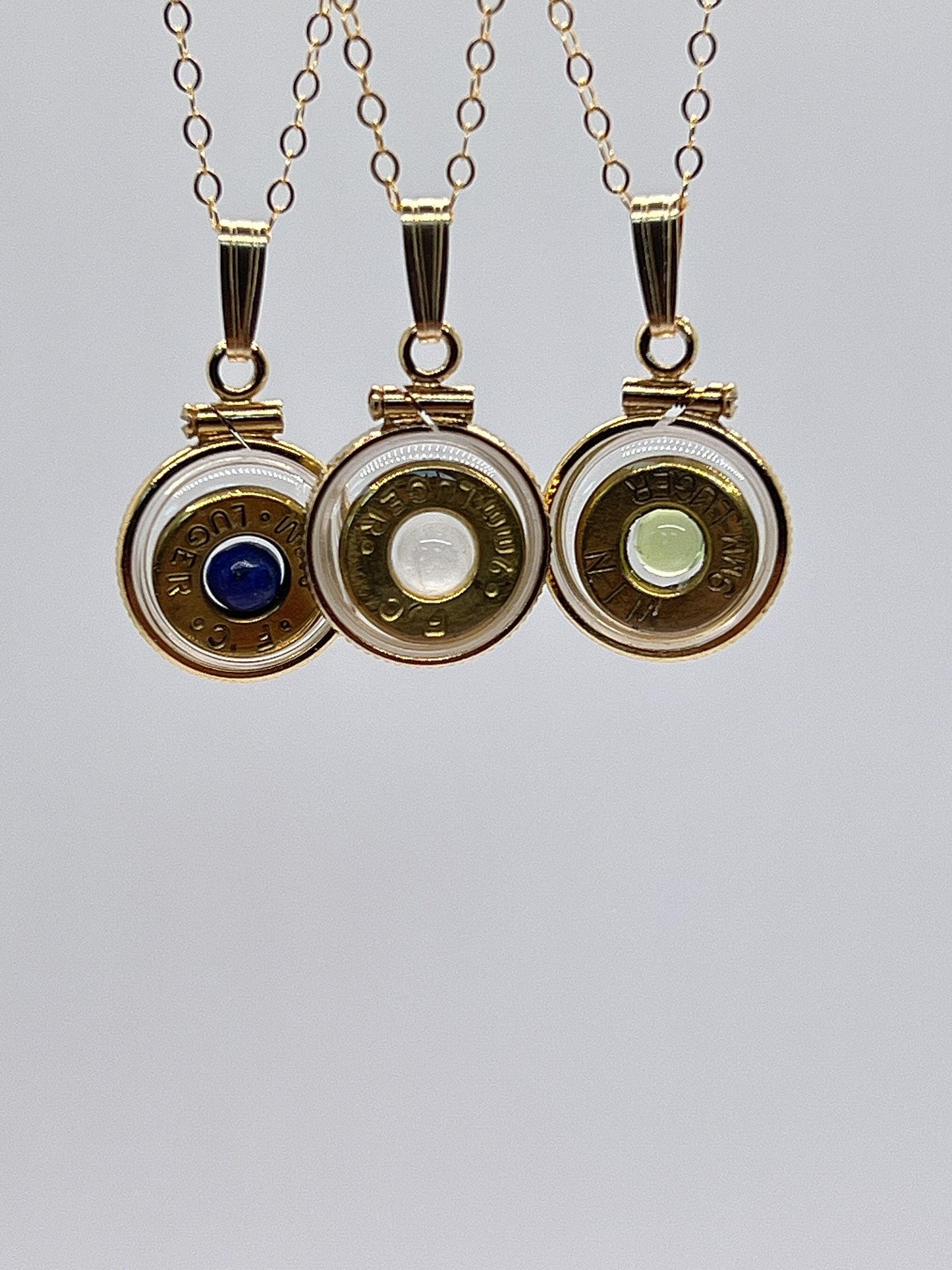 Handmade 14k gold filled 9mm bullet view locket, finished with a genuine gemstone, ruby, sapphire,lapis, moonstone, peridot, tiger eye