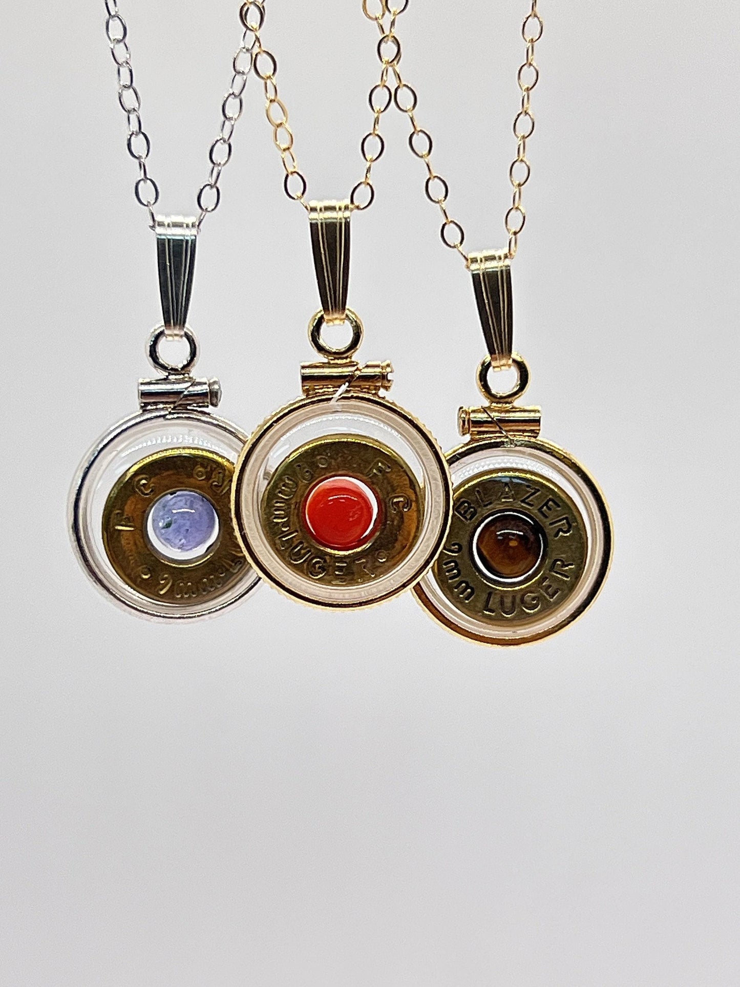 Handmade 14k gold filled 9mm bullet view locket, finished with a genuine gemstone, ruby, sapphire,lapis, moonstone, peridot, tiger eye