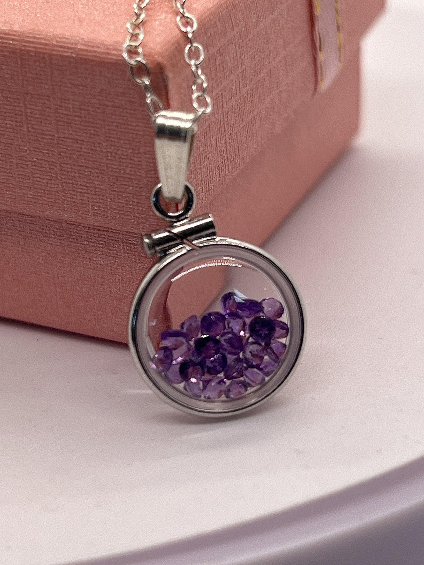 Handmade diminutive sterling silver amethyst shaker locket lucite view locket, necklace, beautiful february birthstone. 1.2 tcw
