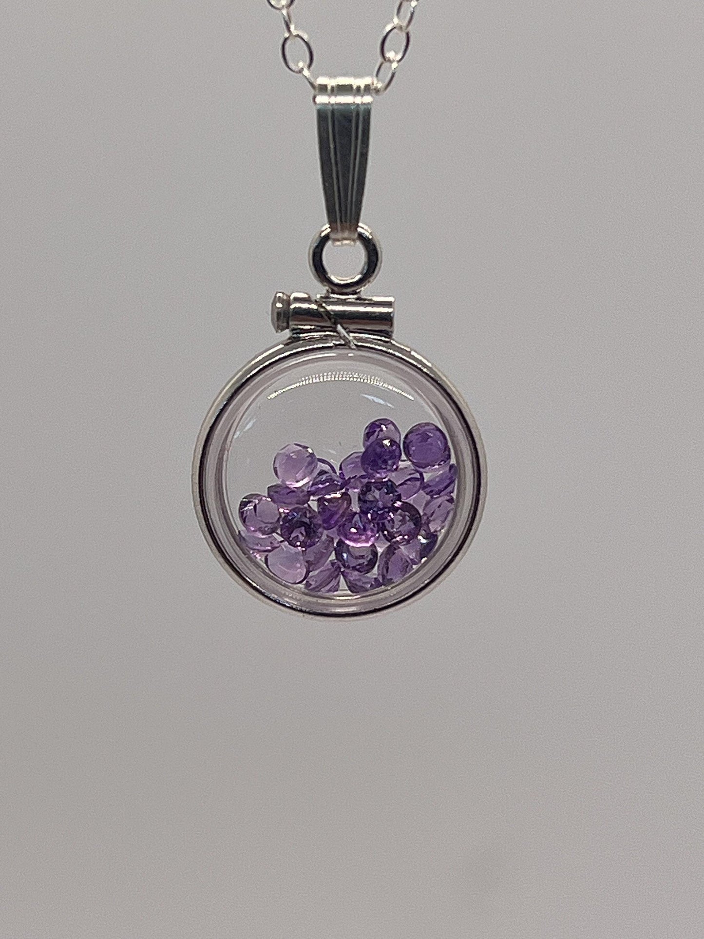 Handmade diminutive sterling silver amethyst shaker locket lucite view locket, necklace, beautiful february birthstone. 1.2 tcw