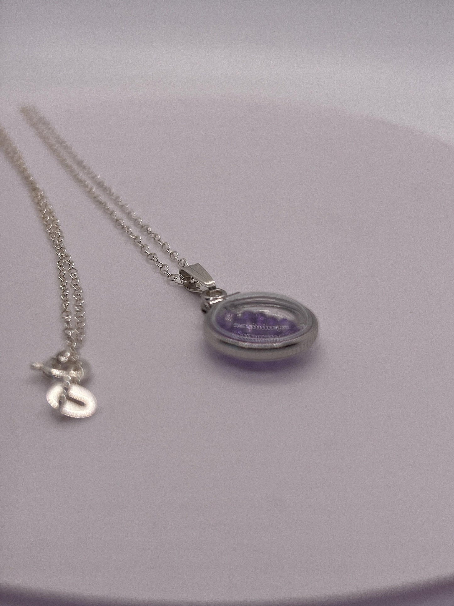 Handmade diminutive sterling silver amethyst shaker locket lucite view locket, necklace, beautiful february birthstone. 1.2 tcw