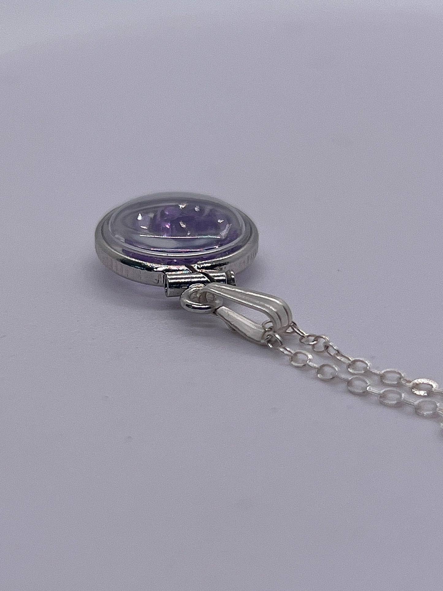 Handmade diminutive sterling silver amethyst shaker locket lucite view locket, necklace, beautiful february birthstone. 1.2 tcw