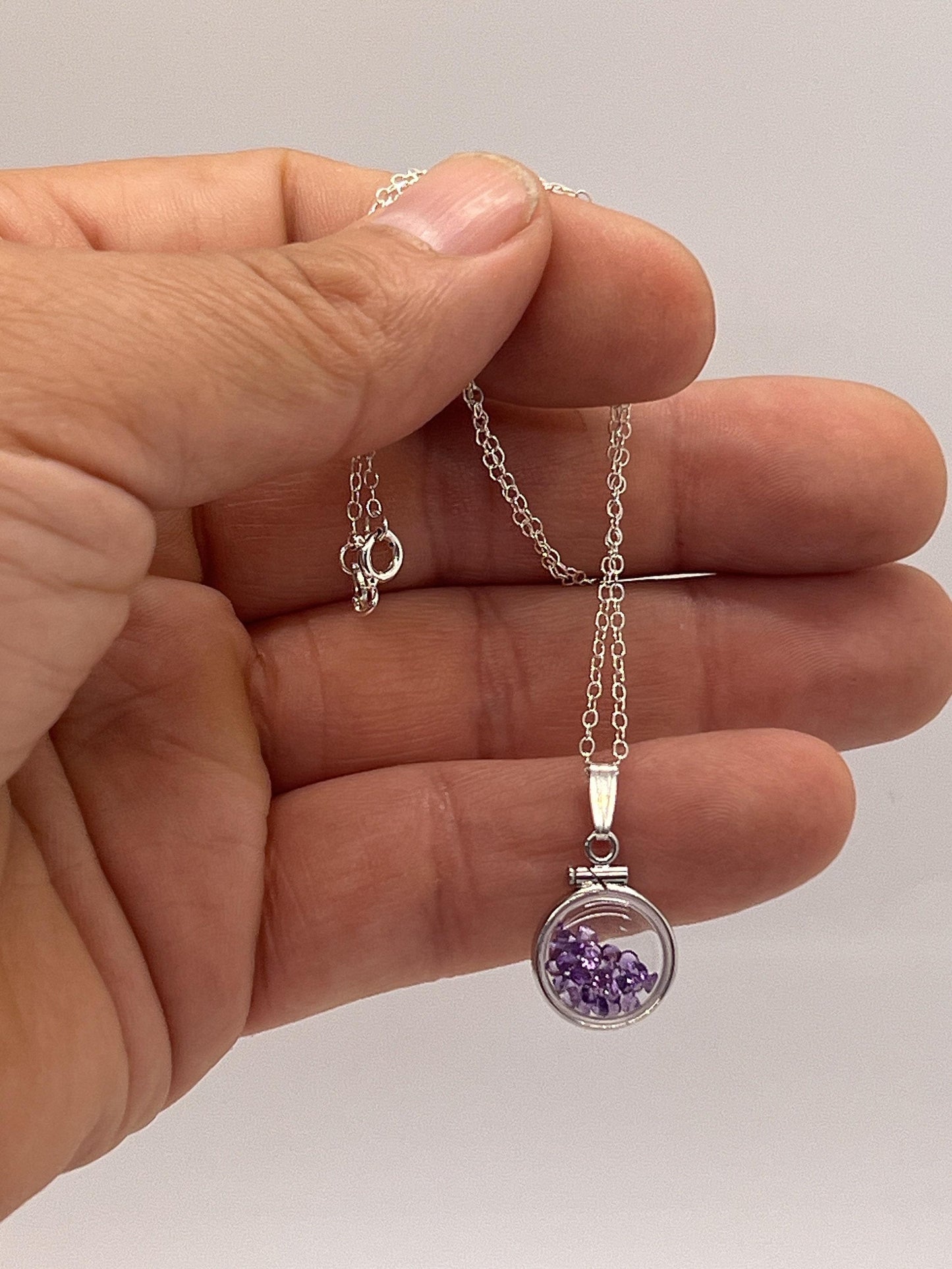 Handmade diminutive sterling silver amethyst shaker locket lucite view locket, necklace, beautiful february birthstone. 1.2 tcw