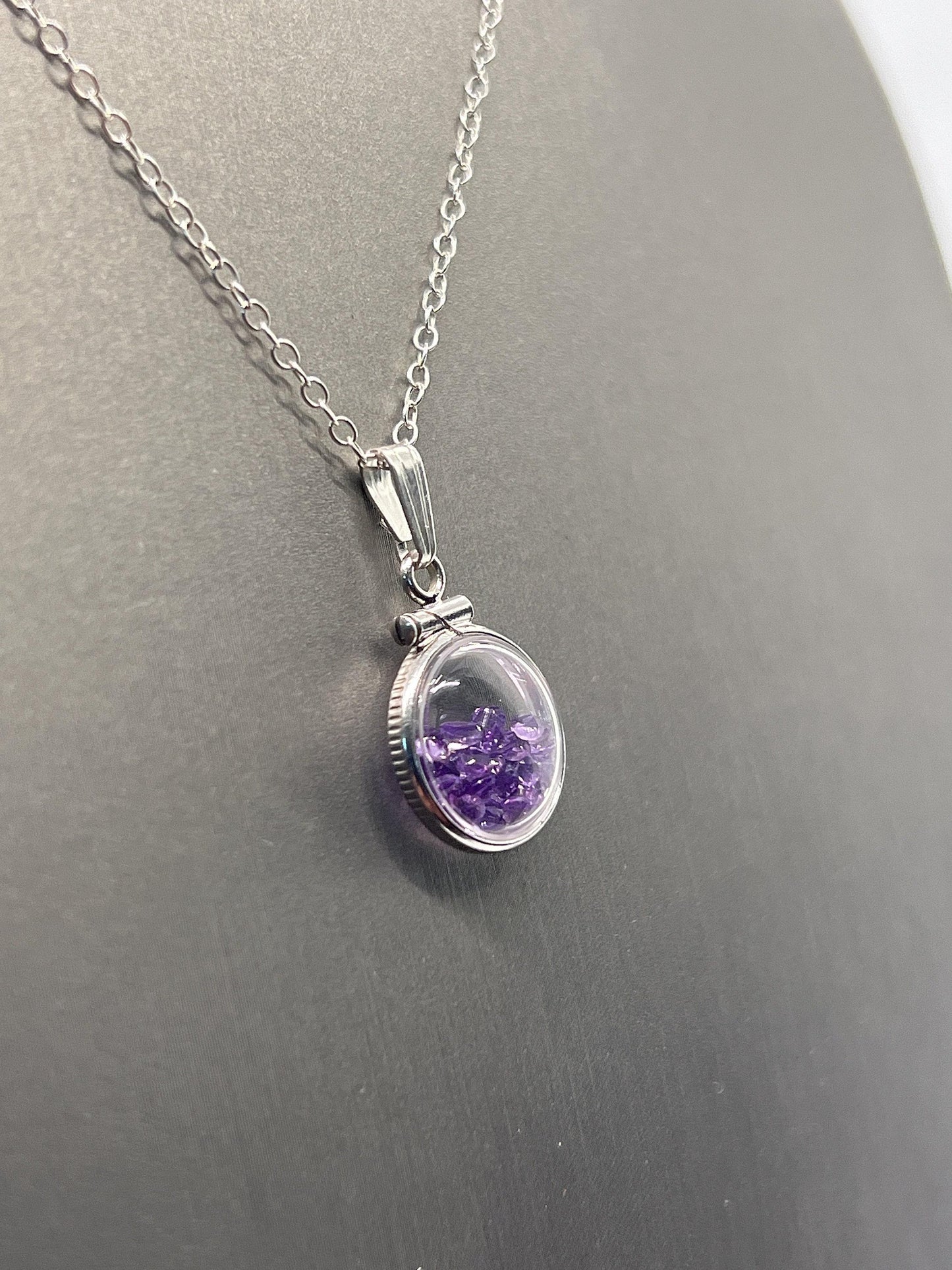 Handmade diminutive sterling silver amethyst shaker locket lucite view locket, necklace, beautiful february birthstone. 1.2 tcw