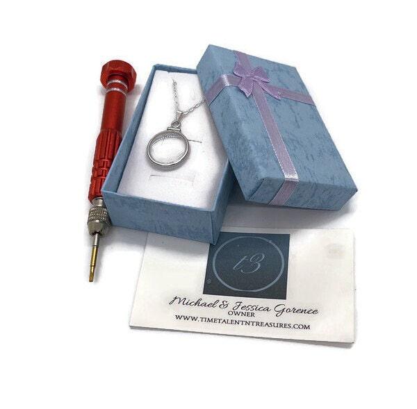 Dime sized empty customizable handmade sterling silver shaker locket necklace w/ free screwdriver waiting for small treasure. free gift box
