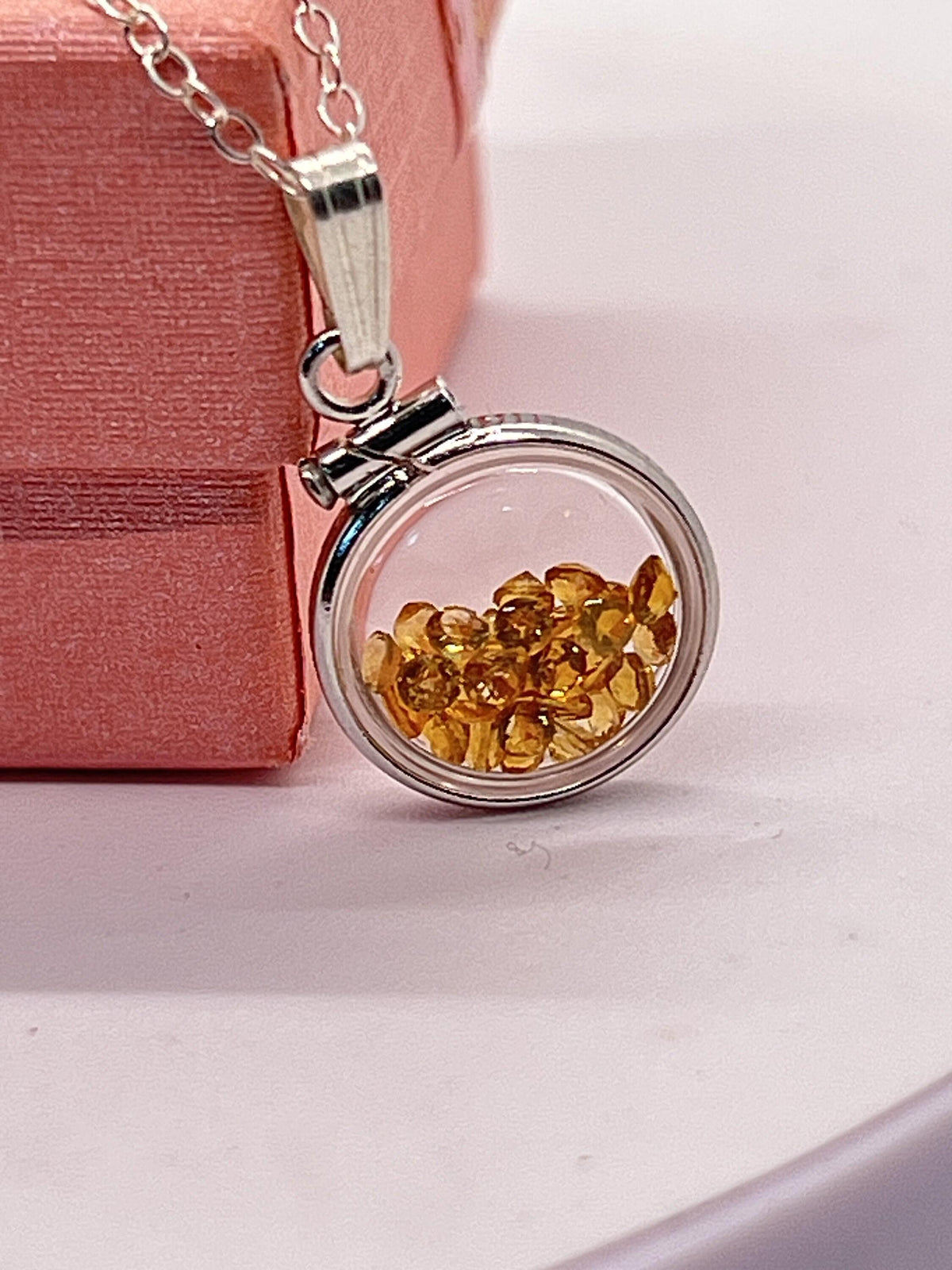 Handmade diminutive sterling silver citrine shaker locket lucite view locket, necklace, beautiful november birthstone. 1.15 tcw